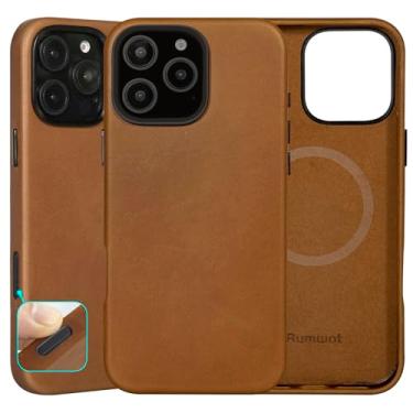 Imagem de Rumwot Capa de couro compatível com iPhone 16 Pro com botão de controle da câmera, couro encerado a óleo vintage, compatível com MagSafe, bisel de câmera com botões de metal, resistente a quedas e