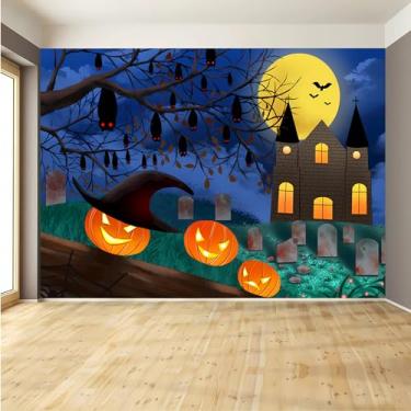 Imagem de Papel de parede mural de Halloween, lua abóbora lanterna morcego castelo fundo de terror para sala de estar quarto restaurante, tamanho personalizável descascar e colar