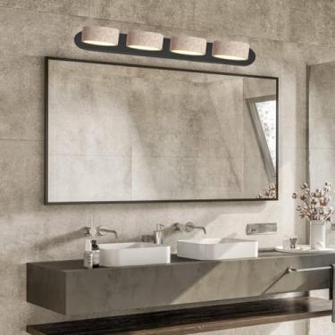 Imagem de SEEAIRSHOP Luminária De Parede De Pedra Natural Para Banheiro, Luminária De Parede De Travertino Amarelo, Luminária De Parede Linear Rústica Com 4 Luzes, Luz De Parede Led Giratória Sobre O Espelho