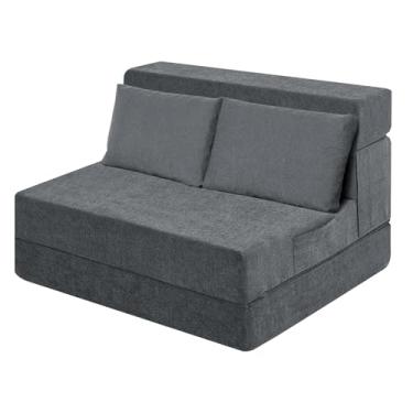 Imagem de Ressainic Cadeira dobrável para sofá-cama com travesseiro, cadeira dobrável conversível, colchão de espuma, sofá-cama dobrável para sala de estar/dormitório/convidado/escritório (cinza, solteiro GG)