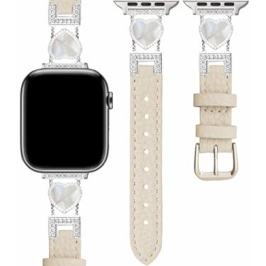 Imagem de TJCENXIN Pulseira de couro feminina compatível com Apple Watch séries 10, 9 Ultra, SE, 8, 7, 6, 5, 4, 3, 2 e 1, 42mm/44mm/45mm/49mm/46mm(series 10), Couro, cristal