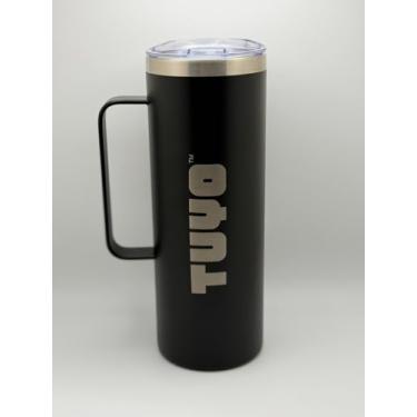 Imagem de TUYO Copo de café isolado preto de 590 ml e sacola reutilizável – Caneca de viagem de aço inoxidável com tampa à prova de vazamento – Conjunto de presente ecológico para trabalho, viagem, academia