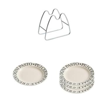 Imagem de Prato de osso de cerâmica francesa, bolo de mesa caseiro e prato de lanche - Prato de osso francês de 15 cm * 4 + combinação de rack de aço inoxidável