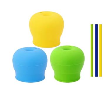 Imagem de Pacote com 3 tampas de silicone com canudos, esticam para cobrir copos infantis ou copos infantis em copos de bico macio, tampas de silicone à prova de derramamento para copos