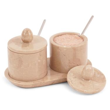 Imagem de Adega de sal de mármore com tampa e bandeja Recipiente de sal artesanal Verona de 10 cm, conjunto de 2 potes de tempero, recipiente de armazenamento de especiarias para bancada de cozinha, potes de