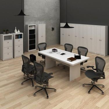 Imagem de Conjunto 1 Mesa de Reunião 7 Armários com Portas 1 Estante e 2 Gaveteiros Branco