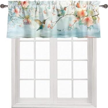 Imagem de Cortina floral aquarela sanefas tratamentos de janela beija-flores coloridas florescendo lago primavera para janelas de cozinha bolso de haste sanefa tratamentos de janela 137 x 45 cm, 1 painel