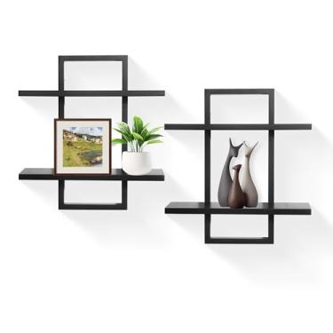 Imagem de PHOENANCEE Prateleiras flutuantes para parede, conjunto de 2 prateleiras suspensas de exibição, prateleiras de plantas decorativas modernas, decoração de casa de madeira chique para sala de estar,