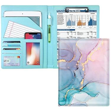 Imagem de WAVEYU Portfólio de pasta de prancheta, prancheta de armazenamento de couro mármore com capa para suporte de bloco legal, tamanho carta A4, bloco de escrita para organizador de conferências, capa de documentos, mármore colorido