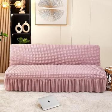 Imagem de Capa de futon sem braços com saia de babados, sofá-cama futon altamente elástica(Pink,Large (190-210cm))