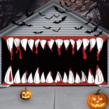 Imagem de AIBIIN 4 x 1,8 m Faixa de porta de garagem Halloween monstro Halloween decoração de porta de garagem dente Halloween capa de porta de garagem sangue Halloween decoração de pano de fundo interior
