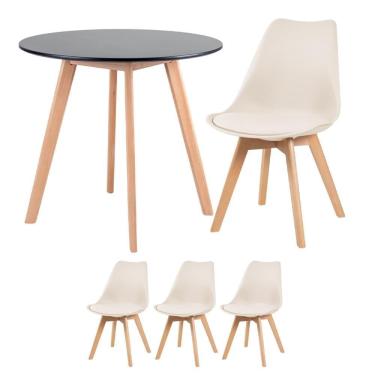 Imagem de Mesa Redonda 80 Cm Preto + 3 Cadeiras Leda Creme Mesa Preto Com Cadeiras Creme