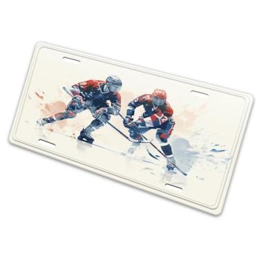 Imagem de Capa de placa de carro com imagem de gelo para jogadores competitivos de hóquei no inverno - etiqueta artística de alumínio para carro, à prova de ferrugem, design exclusivo - 15,5 x 30,5 cm