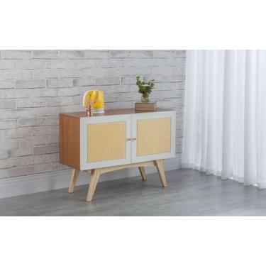 Imagem de Balcão Buffet Mdf Freijó Pés Taeda 2 Portas Brancas Com Palhinha Retrô