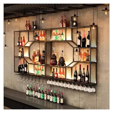 Imagem de WZYCLTT Prateleiras de vinho de LED montadas na parede, prateleiras de bebidas e suporte de vidro, prateleiras de vinho flutuantes de parede, para decoração de bar de cozinha ouro/preto