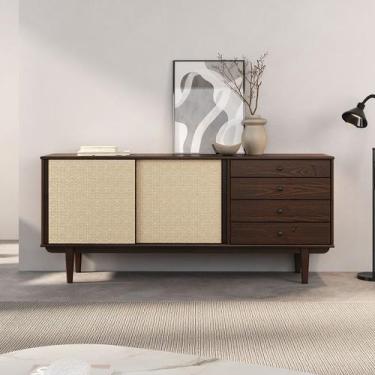 Imagem de Balcão Aparador Telinha Rattan Buffet 2 Portas 4Gav Madeira Cor Imbuia