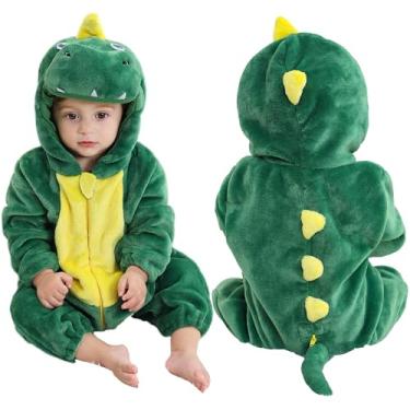 Imagem de MICHLEY Macacão unissex com capuz para bebês meninos e meninas, cosplay de animais de inverno, dinossauros verdes, 13 a 18 meses, tamanho 90, dinossauro verde, 13 a 18 meses