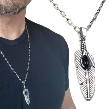 Imagem de Colar Cordão Masculino com Pingente de Pena em Aço Inoxidável - C2Cam,