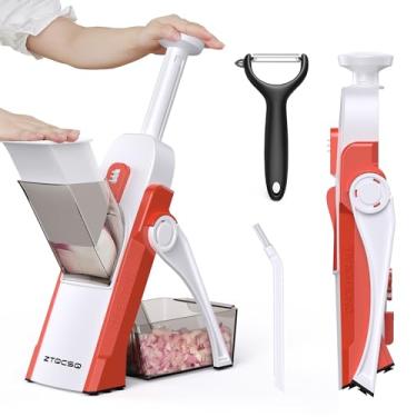 Imagem de ZTQCSQ Fatiador mandril seguro 5 em 1 para cozinha, cortador de legumes seguro com faca de descascar, espessura ajustável, fácil de limpar, fatiar, tiras, desfiar, cortar em cubos, cortar (laranja