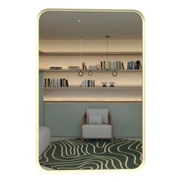 Imagem de Espelho Grande Decorativo Banheiro e Sala Retangular Dourado com Moldu