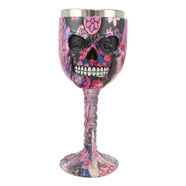 Imagem de Ebros Dia dos Mortos Colorido Rosa Floral Açúcar Crânio Face Bebidas Goblet Vinho Cálice Bebida Serveware Ossuary Macabre Halloween Decorativo Festa Host Acessório