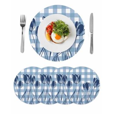 Imagem de Jogo americano redondo conjunto de 4 tapetes redondos trançados florais tulipas antiderrapantes para mesa de jantar, tapetes de mesa decorativos com proteção térmica 38 cm para cozinha doméstica