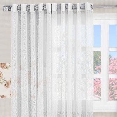 Imagem de Cortina Para Cozinha 2,00M X 1,70M Charme Tecido Renda Floral Para Varão Simples - Branca