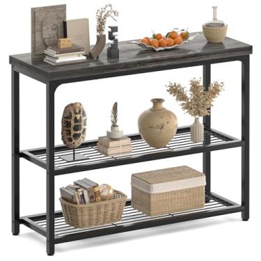 Imagem de Besiost Mesa de console pequena de 81 cm, mesa de entrada de 3 níveis, mesa de sofá com prateleiras de malha, mesas de console para sala de estar, quarto, corredor, entrada, hall de entrada, cinza