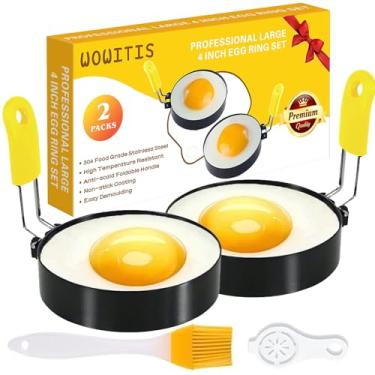 Imagem de WOWITIS 2 Peças De Anel Grande 4" Para Fritar Ovos Na Chapa, Círculo Redondo Aço Inoxidável Antiaderente 4", Máquina Panquecas Redonda Com Cabo Silicone, Escova Óleo E Separador (Amarelo)
