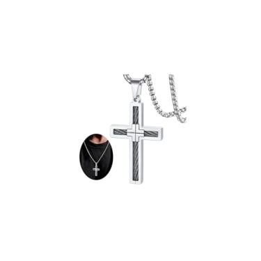 Imagem de FaithHeart Colar masculino com cruz de aço inoxidável, prata/preto/dourado, colares de amuletos religiosos, presentes cristãos para papai, 59mm * 29.7mm, Aço inoxidável, Sem Pedra Preciosa
