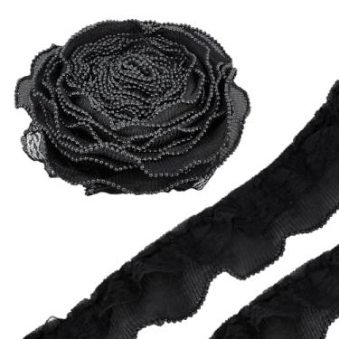 Imagem de MAYJOYDIY Fita de renda com acabamento de pérola preta de 2 a 1/20 cm, acabamento plissado com babados e bordas de renda plissadas e pérolas pretas para vestido de casamento, roupas, camisas, fronhas