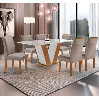 Imagem de Sala De Jantar Qatar 160x80 Tampo Plus Com Vidro 6 Cadeiras Londres Cel Móveis Cinamomo/off