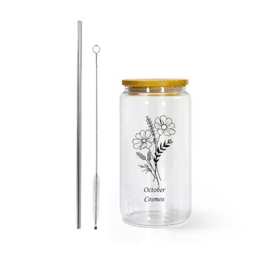 Imagem de AGH Presentes lata de vidro transparente para homens e mulheres, copo de vidro de 473 ml com tampas Banboo e canudo, copo de vidro cosmos de outubro para Ice Coffe Smoothie Whiskey Boba Soda Tea Gift.