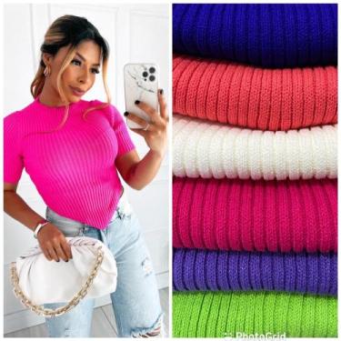 Imagem de Blusa cropped feminino manga curta gola alta recorte triangulo - moda 