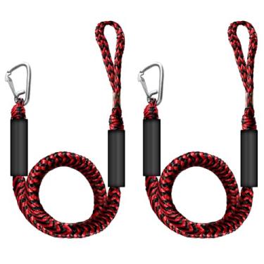 Imagem de Pacote com 2 linhas de ancoragem elástica para barco, durável absorção de choque, amarração, corda de amarração, acessórios de barco (1,2-1,7 m), ancoragem perfeita (vermelho e preto com clipes)