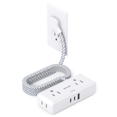 Imagem de Cabo de extensão plano de 6 pés, tira de alimentação de tomada plana, 4 tomadas amplamente com 3 portas USB (2 USB C), extensor de saída de 3 lados com cabo de extensão com múltiplas tomadas de