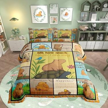 Imagem de Erosebridal Conjunto de cama King com desenho de capivara, engraçado, capivara, para amantes de capivara, animais roedores fofos, edredom rústico, colcha de retalhos, decorações de capivara, presentes