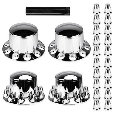 Imagem de AEagle Kits Combo de Tampa do Eixo Traseiro Dome para Cubos Semi Caminhões com Porca de Parafuso de 33 mm, Plástico ABS Cromado, Tampas Removíveis de 10 Furos, 4 Peças