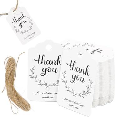 Imagem de BUNCHBRAVO Etiquetas de agradecimento com barbante – Pacote com 100 etiquetas de presente de papel kraft com fio de juta, branco Thank You for Celebrating With Us Etiquetas para lembrancinhas de