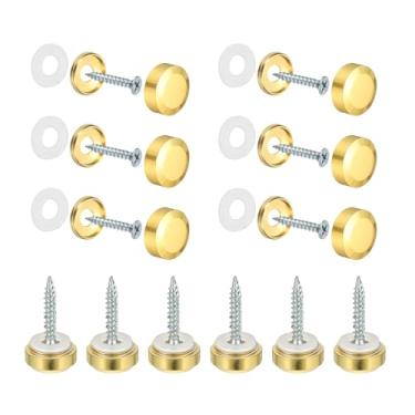 Imagem de YELARXI Parafusos de espelho tampas decorativas de latão prendedores de pregos, acabamento polido de 16 mm chanfrado adequado para ferragens de publicidade de sinal de espelho (12 peças, ouro)