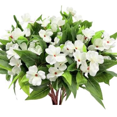 Imagem de LILOCOO 4 peças de buquê de flores artificiais para ambientes externos para flores de seda resistentes a raios UV, arbustos artificiais impatiens, branco, para pátio, gramado, jardim, ao ar livre