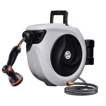 Imagem de SUNPOW Enrolador De Mangueira Retrátil De Jardim De 1/2 Polegada X 33 Pés - Enrolador De Mangueira Resistente Montado Na Parede Com Conexões De Latão De 3/4 Polegada E Bico De 10 Padrões - Sistema D