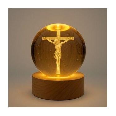 Imagem de Luminária De Mesa Bola De Cristal 3d Base Madeira Decorativa - NoBrand