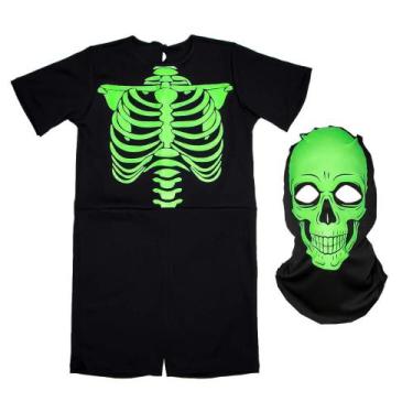 Imagem de  Fantasia Esqueleto Infantil Fluorescente Curta Com Gorro - Fantasias 