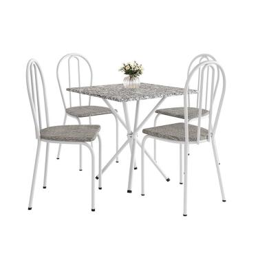 Imagem de Conjunto de Mesa Quadrada com Tampo Granito e 4 Cadeiras Léia Revestimento Sintético Branco e Grafiato