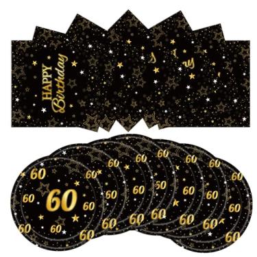 Imagem de 40 peças de prato de sobremesa Cheers to 60 anos, guardanapos, para artigos de festa de aniversário de 60 anos preto e dourado, decorações de aniversário (preto e dourado 60)