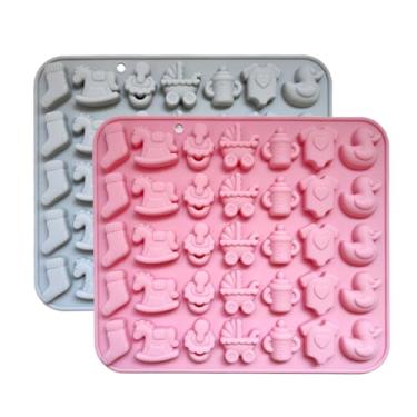 Imagem de Pacote com 2 moldes de chocolate para chá de bebê, body de mamadeira, moldes em forma de carrinho de bebê, moldes de silicone para decoração de bolo de festa de chá de bebê doce (rosa e cinza)