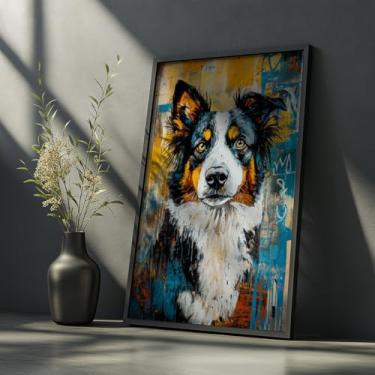 Imagem de Quadro Decorativo Border Collie Com Moldura Cachorro Colorido Pet Inteligente Arte Moderna Vibrante Parede Animal