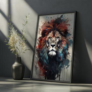 Imagem de Quadro Decorativo Leão Colorido Com Moldura Selvagem Arte Moderna Tinta Explosiva Animal Forte Impacto Visual Parede Luxo