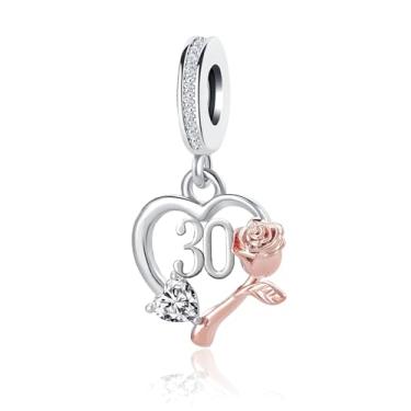Imagem de LuxglitterLin 30º aniversário feliz número coração pingente branco pedra do mês de nascimento compatível com pulseira Pandora presente para mulheres
